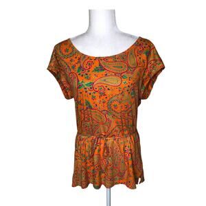 Lauren Ralph Lauren Orange Paisley Cotton Top Tunic Large Preppy Boho Casual